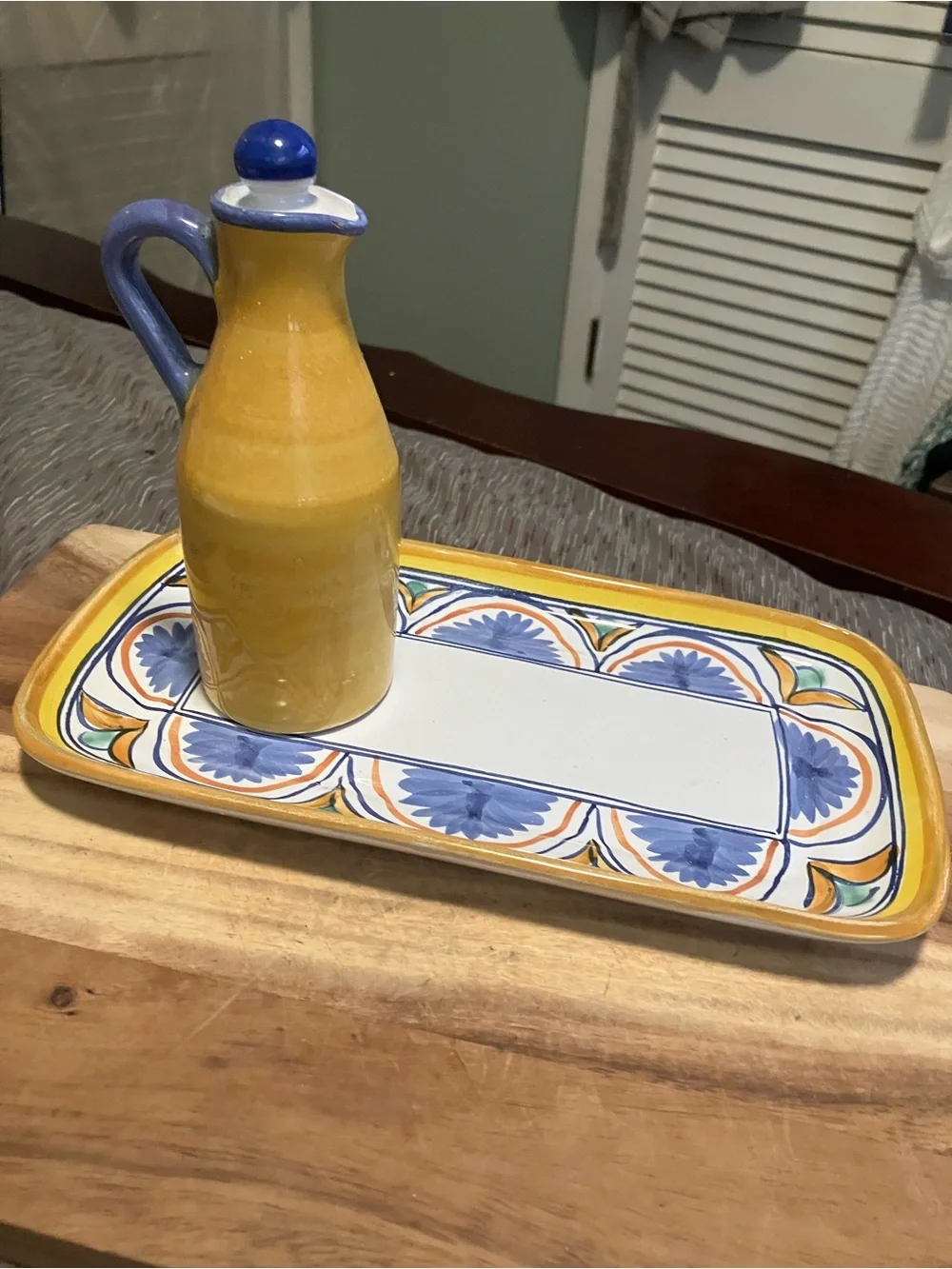Hand-Painted Ceramic Rectangular Tray and Cruet